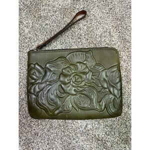 Patricia Nash Wristlet Handbag Forest Green Floral Tooled Leather Clutch Purse